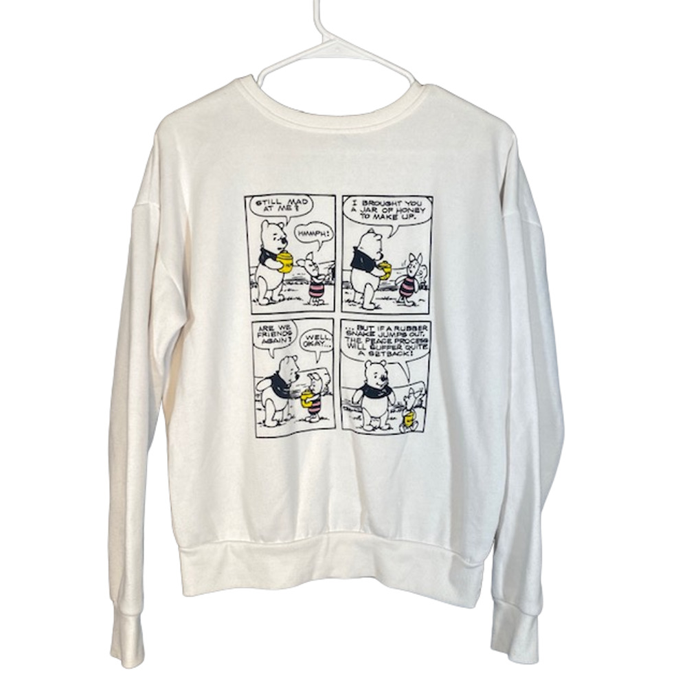 Disney White Newspaper Clipping Winnie the Pooh & Piglet Sweatshirt Women Sz S